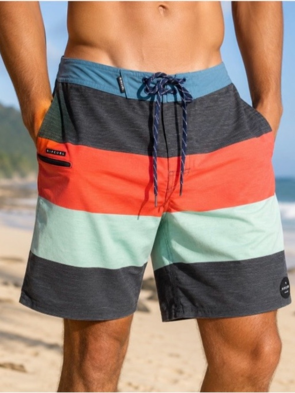 Rip Curl Mirage Board Shorts Size 32 Leg Pocket Gray Teal Coral Stripe Surf